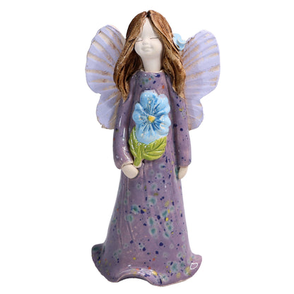 Handmade Ceramic Angel Holding Blue Forget-Me-Not