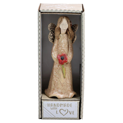 Handmade Ceramic Angel Holding Red Poppy