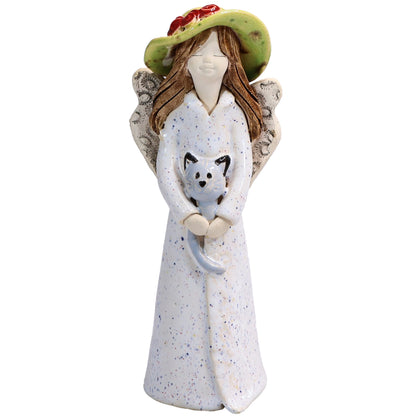 Handmade Ceramic Angel in Hat Holding Cat