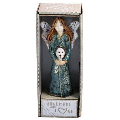 Handmade Teal Ceramic Angel Holding Dog