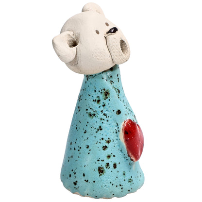 Handmade Ceramic Teddy Bear Couple in White & Turquoise with Red Hearts