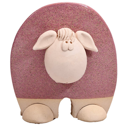 Handmade Ceramic Flat Sheep Figurine in Black, Pink, White Daisy Accent