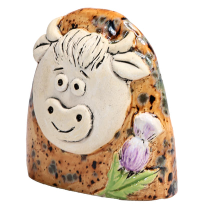 Charming Character of Handmade Ceramic Highland Cow with Thistle