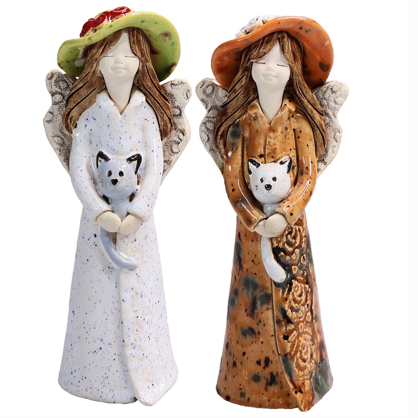 Handmade Ceramic Angel in Hat Holding Cat
