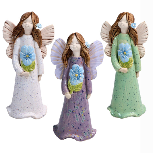 Handmade Ceramic Angel Holding Blue Forget-Me-Not